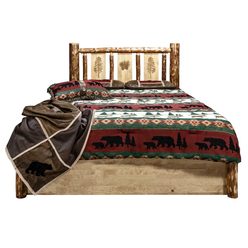 Glacier Country Collection Platform Bed w/ Storage, Laser Engraved Pine Design