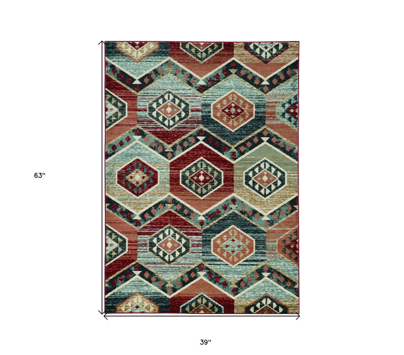 3' X 5' Red Machine Woven Honeycomb Lodge Indoor Area Rug