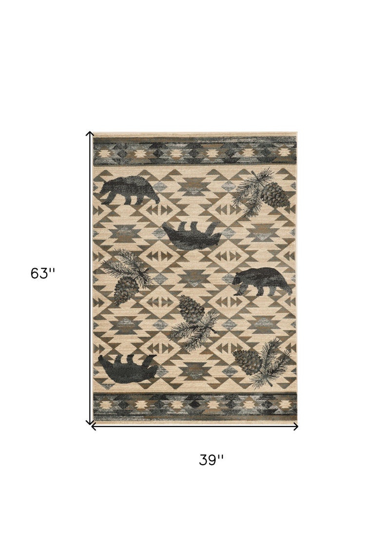 3' X 5' Ivory and Blue Woodland Lodge Area Rug