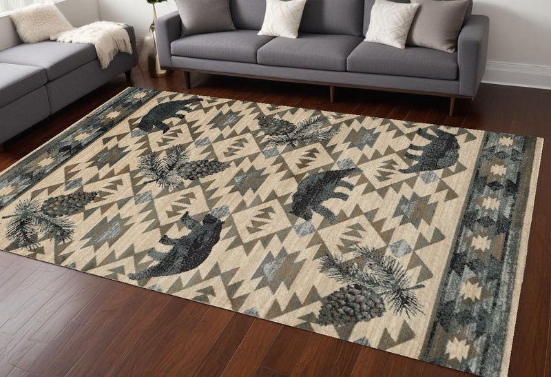 3' X 5' Ivory and Blue Woodland Lodge Area Rug