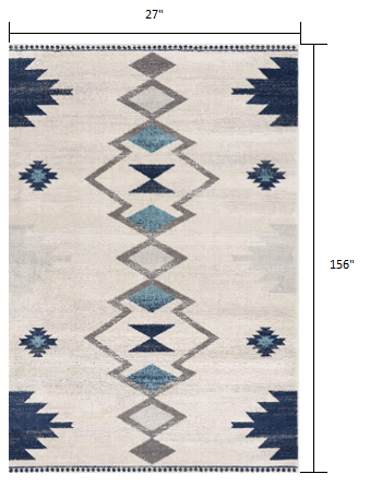 13' Runner Blue and Ivory Southwestern Runner Rug