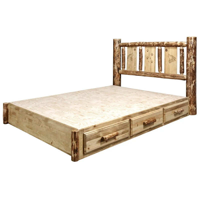 Glacier Country Collection Platform Bed w/ Storage, Laser Engraved Wolf Design