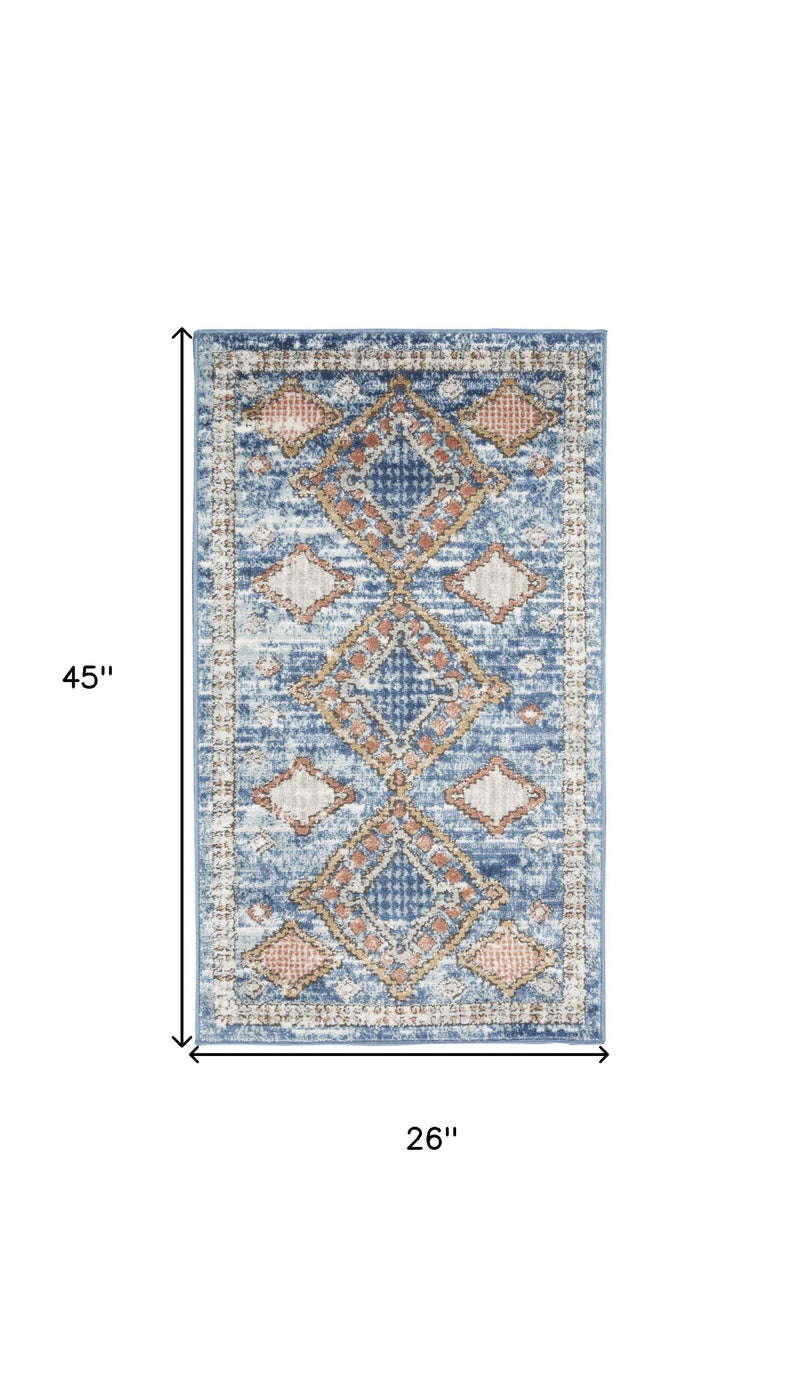 2' X 4' Blue Southwestern Power Loom Non Skid Area Rug