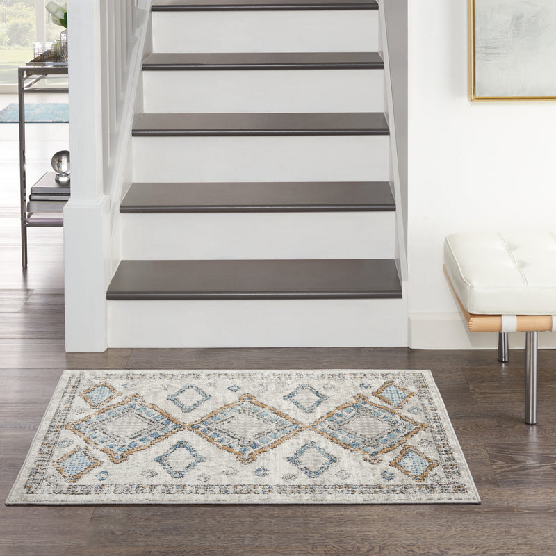 2' X 4' Ivory Grey And Blue Southwestern Power Loom Non Skid Area Rug