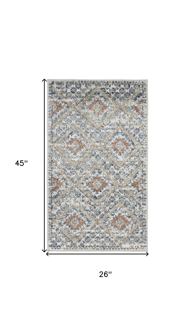 2' X 4' Blue And Ivory Southwestern Power Loom Non Skid Area Rug