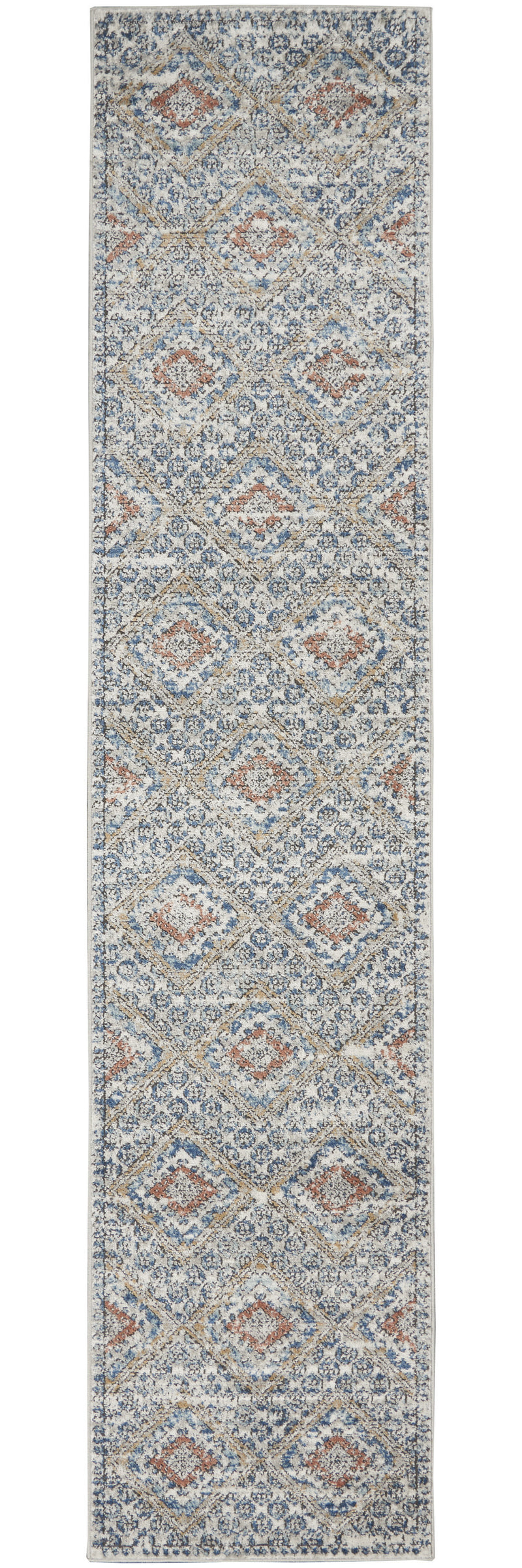 8' Blue And Ivory Southwestern Power Loom Non Skid Runner Rug