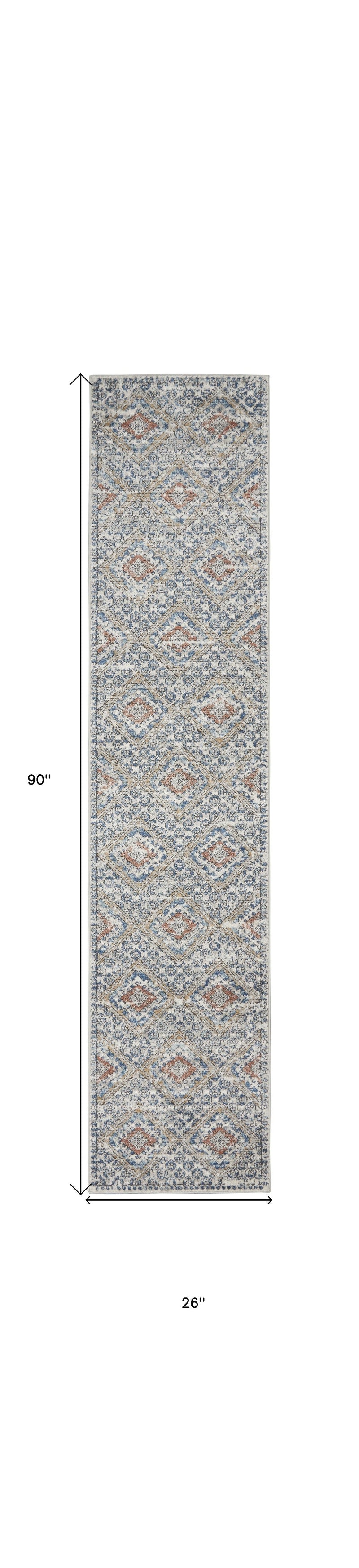 8' Blue And Ivory Southwestern Power Loom Non Skid Runner Rug