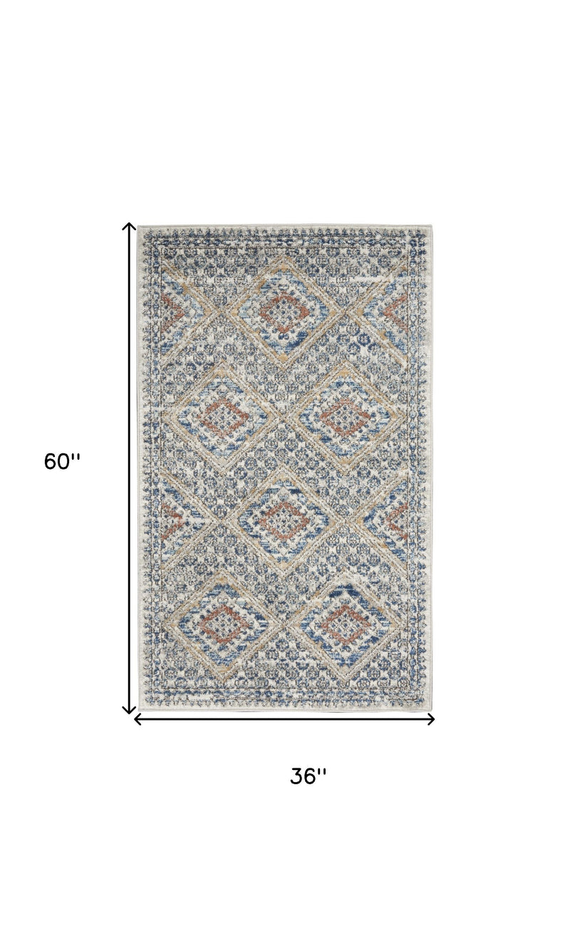 3' X 5' Blue And Ivory Southwestern Power Loom Non Skid Area Rug