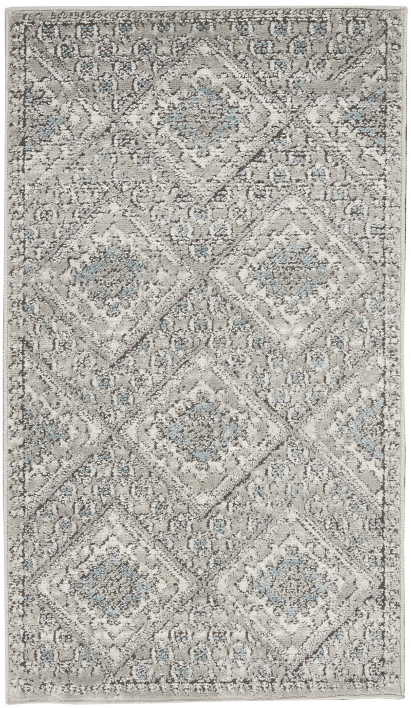 2' X 4' Grey Ivory And Blue Southwestern Power Loom Non Skid Area Rug