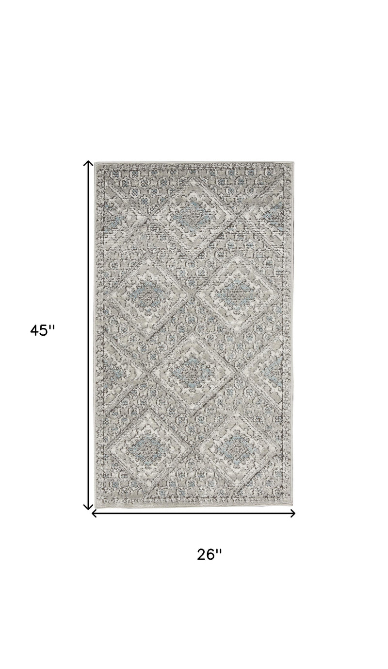 2' X 4' Grey Ivory And Blue Southwestern Power Loom Non Skid Area Rug