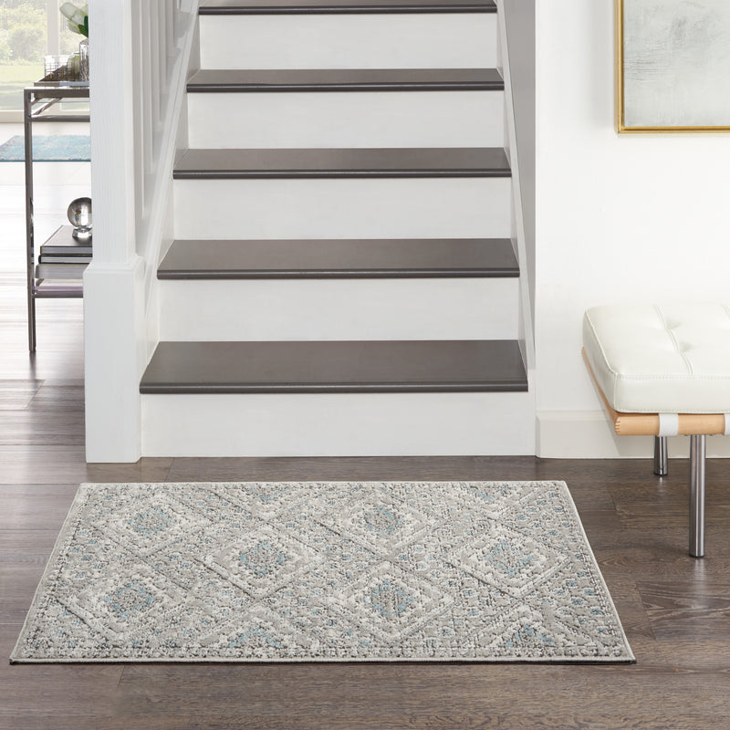 2' X 4' Grey Ivory And Blue Southwestern Power Loom Non Skid Area Rug