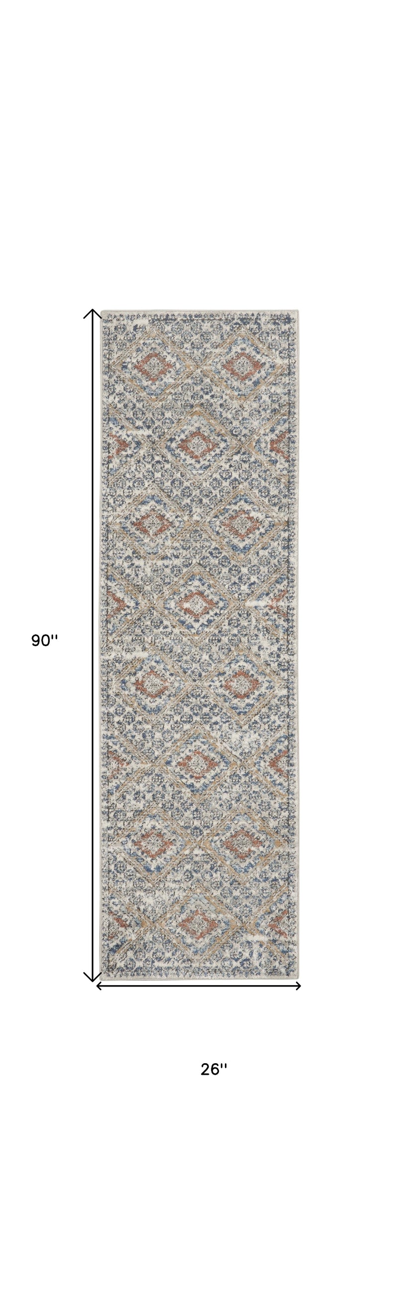 2' X 8' Grey Ivory And Blue Southwestern Power Loom Non Skid Runner Rug