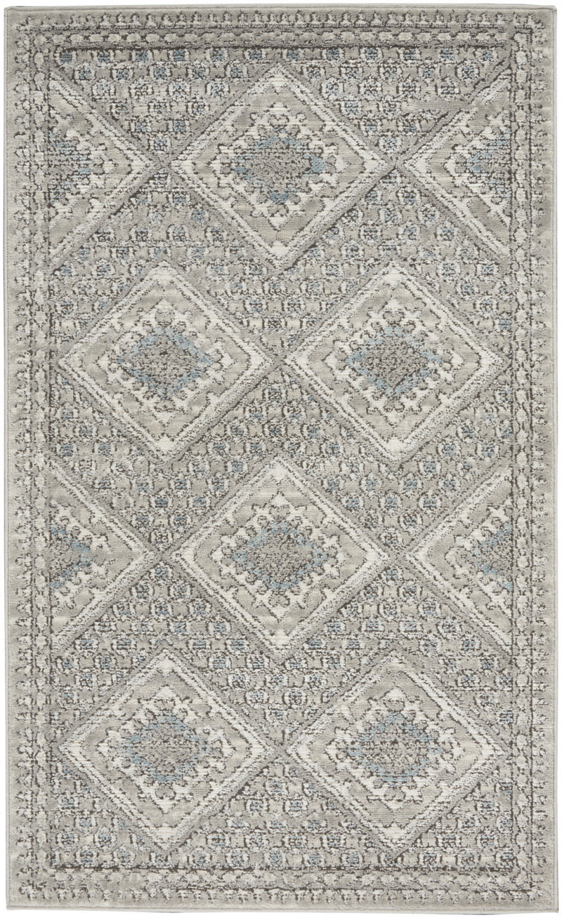 3' X 5' Grey Ivory And Blue Southwestern Power Loom Non Skid Area Rug