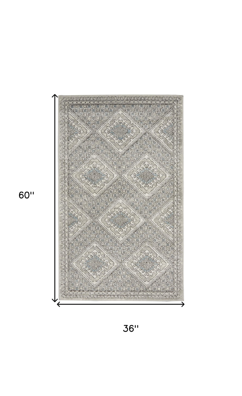 3' X 5' Grey Ivory And Blue Southwestern Power Loom Non Skid Area Rug