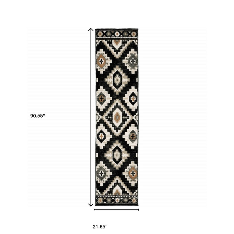 2' X 8' Black Grey Tan Orange And Ivory Southwestern Power Loom Stain Resistant Runner Rug