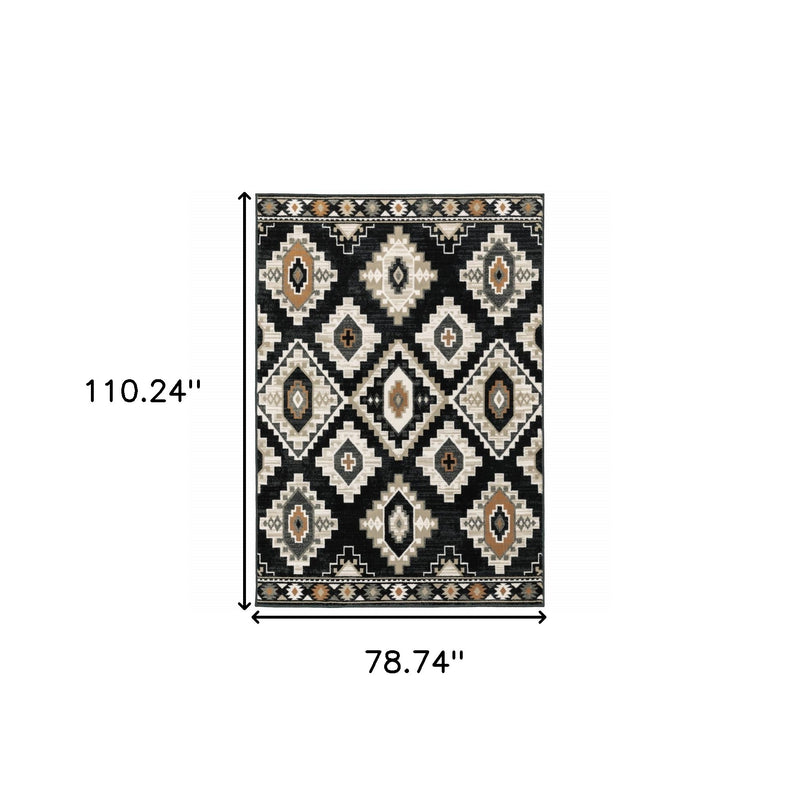 6' X 9' Black Grey Tan Orange And Ivory Southwestern Power Loom Stain Resistant Area Rug