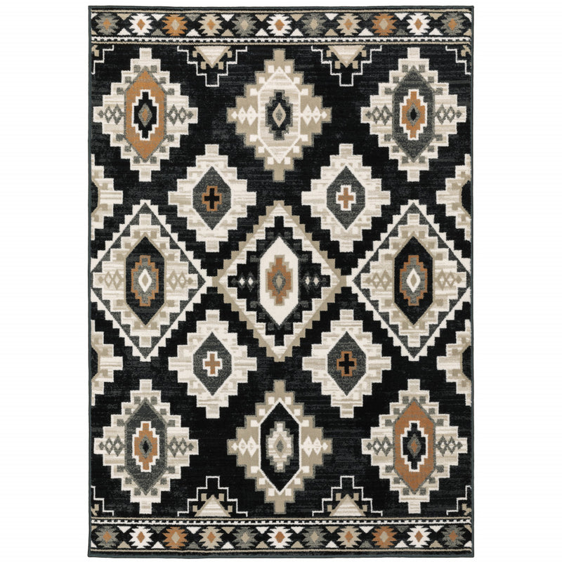 6' X 9' Black Grey Tan Orange And Ivory Southwestern Power Loom Stain Resistant Area Rug