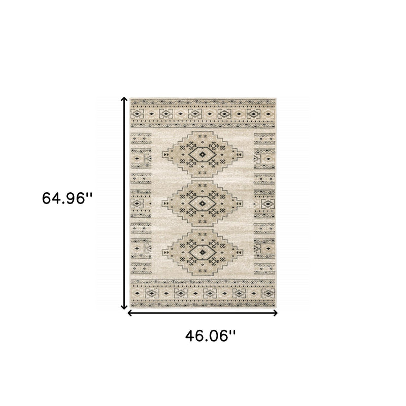 4' X 6' Ivory Grey Black And Ivory Southwestern Power Loom Stain Resistant Area Rug