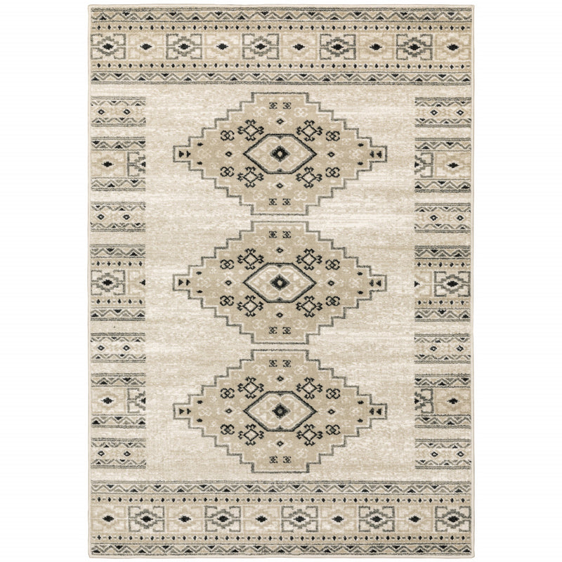 6' X 9' Ivory Grey Black And Ivory Southwestern Power Loom Stain Resistant Area Rug