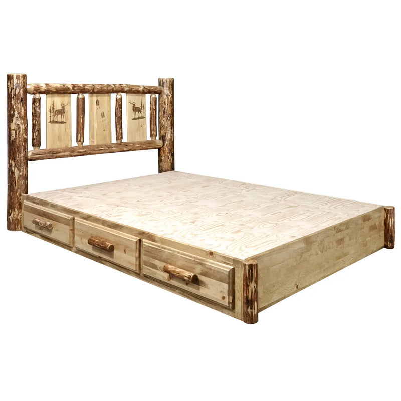 Glacier Country Collection Platform Bed w/ Storage, Laser Engraved Elk Design