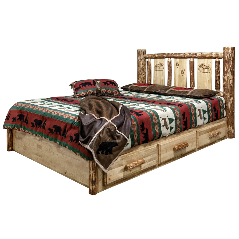 Glacier Country Collection Platform Bed w/ Storage, Laser Engraved Moose Design