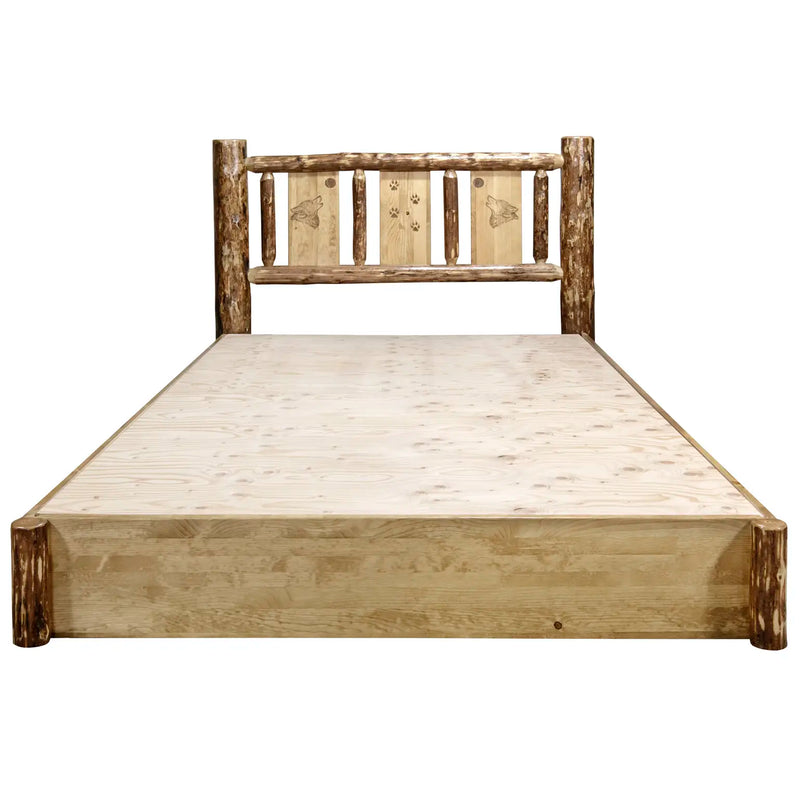 Glacier Country Collection Platform Bed w/ Storage, Laser Engraved Wolf Design