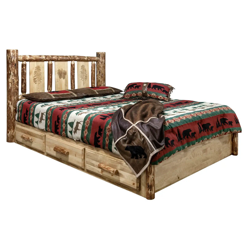 Glacier Country Collection Platform Bed w/ Storage, Laser Engraved Pine Design