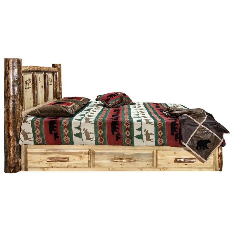 Glacier Country Collection Platform Bed w/ Storage, Laser Engraved Moose Design