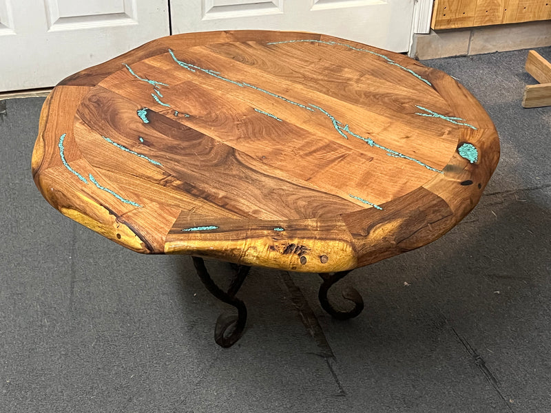 Mesquite Round Rustic Coffee Table with Turquoise and Iron base