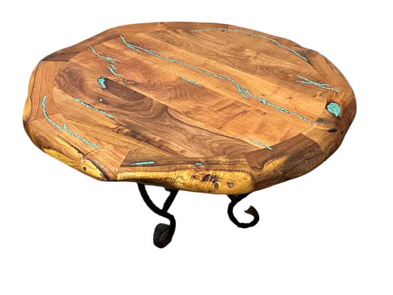 Mesquite Round Rustic Coffee Table with Turquoise and Iron base