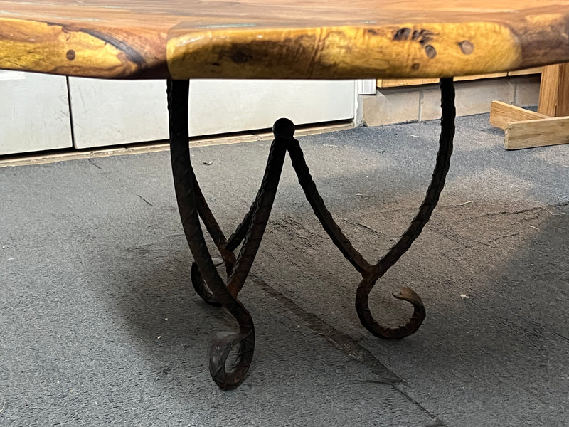 Mesquite Round Rustic Coffee Table with Turquoise and Iron base