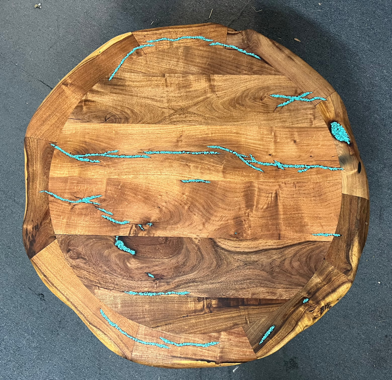 Mesquite Round Rustic Coffee Table with Turquoise and Iron base