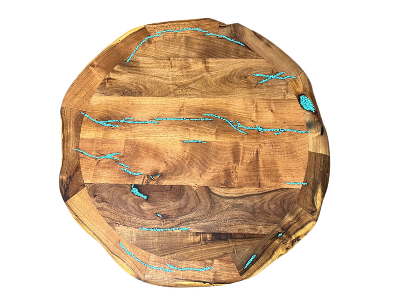 Mesquite Round Rustic Coffee Table with Turquoise and Iron base