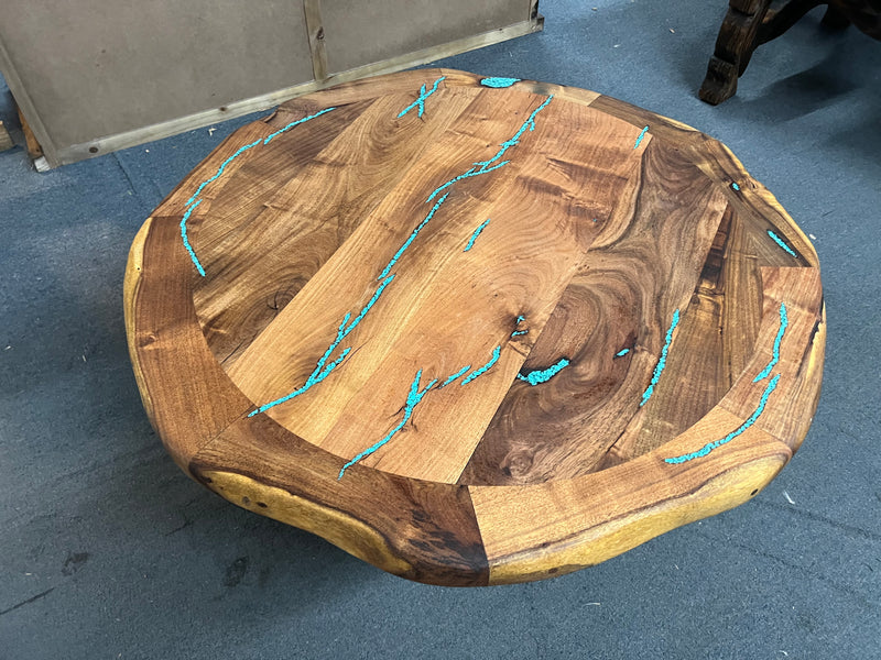 Mesquite Round Rustic Coffee Table with Turquoise and Iron base