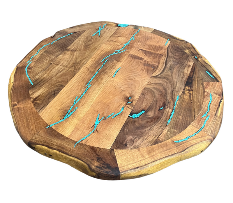 Mesquite Round Rustic Coffee Table with Turquoise and Iron base