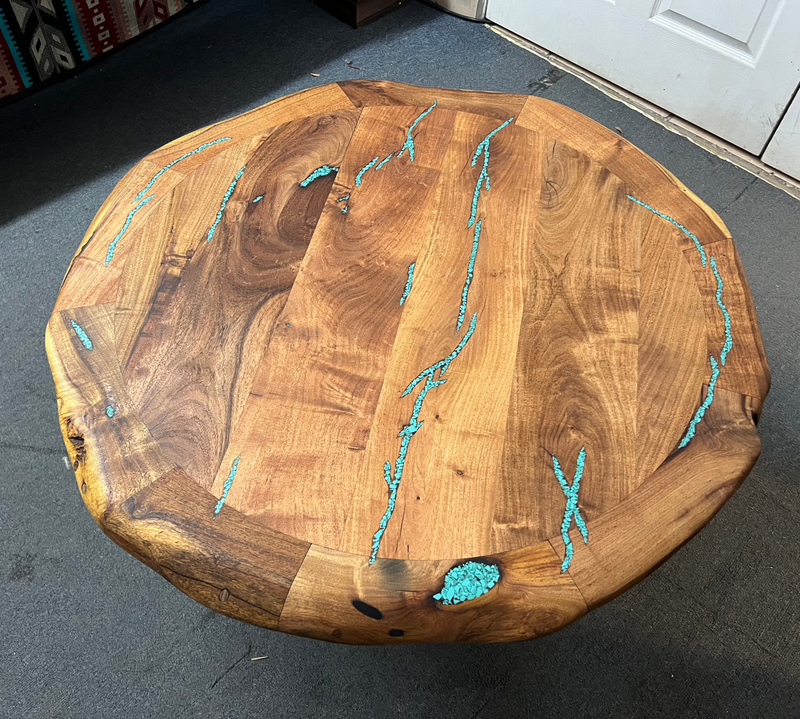 Mesquite Round Rustic Coffee Table with Turquoise and Iron base