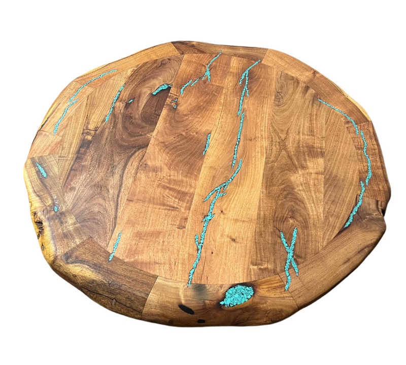 Mesquite Round Rustic Coffee Table with Turquoise and Iron base