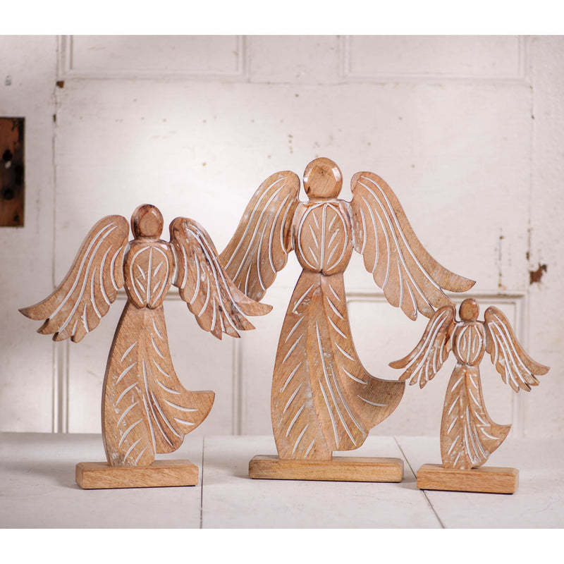 Rustic Carved Wooden Angel Figurine Set