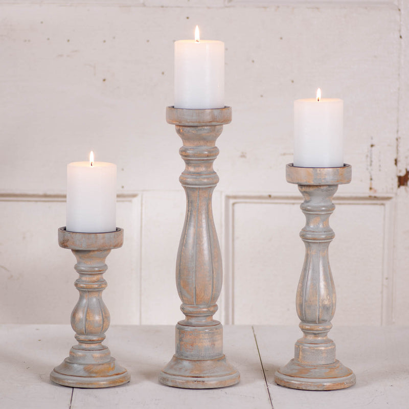 Rustic Carved Wooden Pillar Candle Holder Set