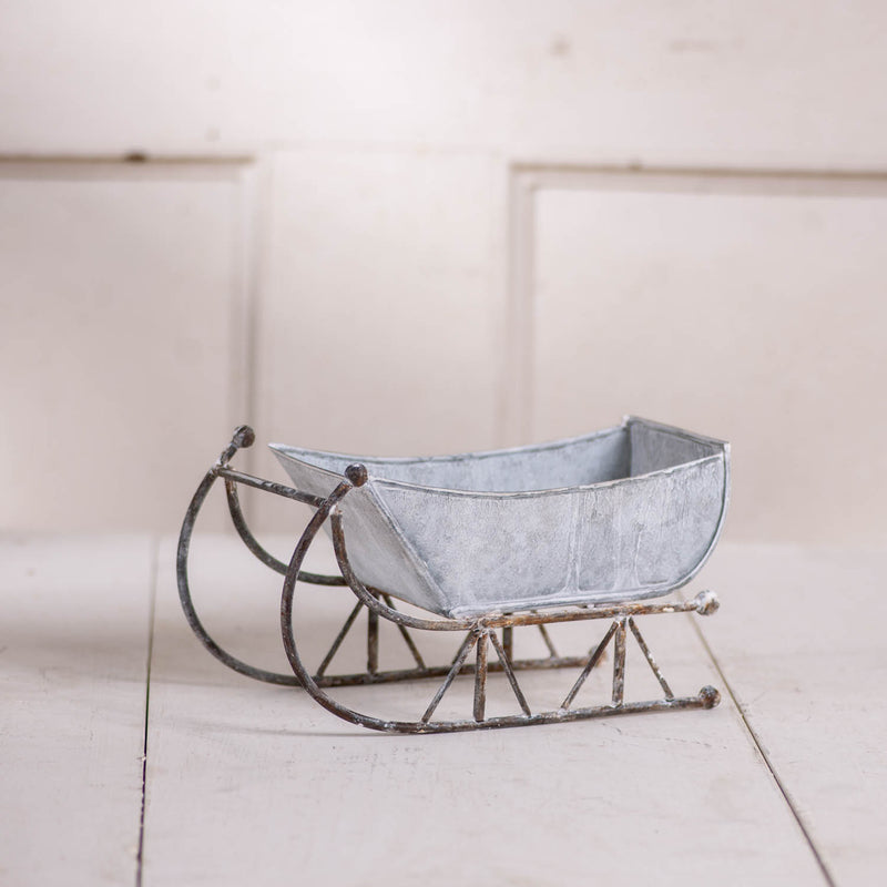 9-Inch Tin Sleigh in Rustic White Wash