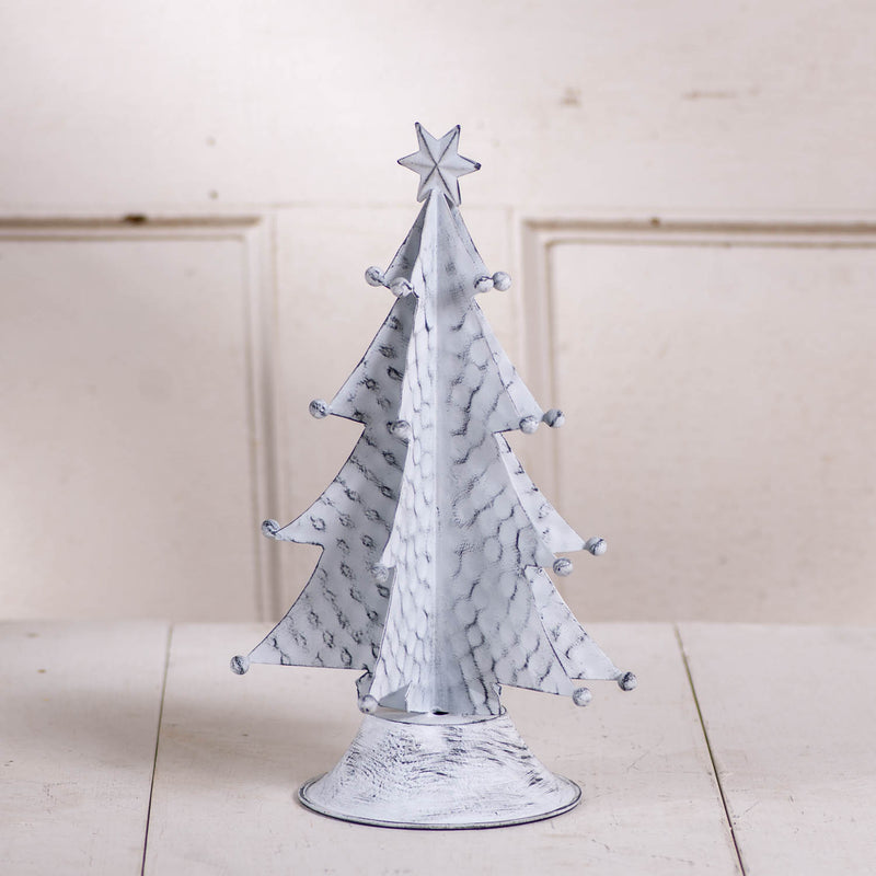 14-Inch Primitive Tin Christmas Tree in Rustic White Wash