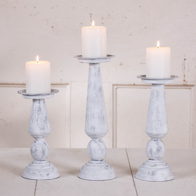 Metal Pedestal Pillar Candle Holder Set in Rustic White Wash