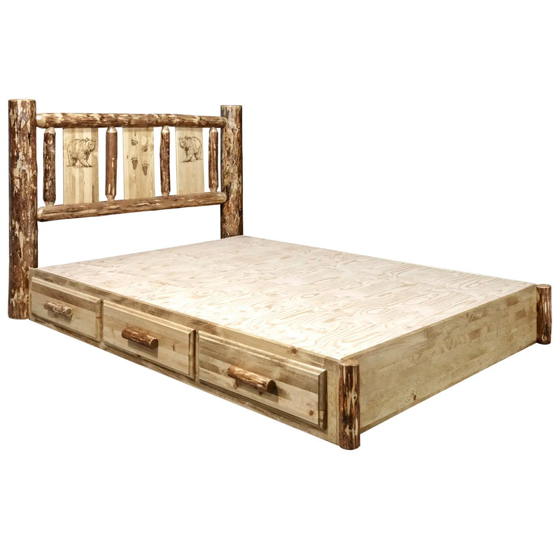 Glacier Country Collection Platform Bed w/ Storage, Laser Engraved Bear Design