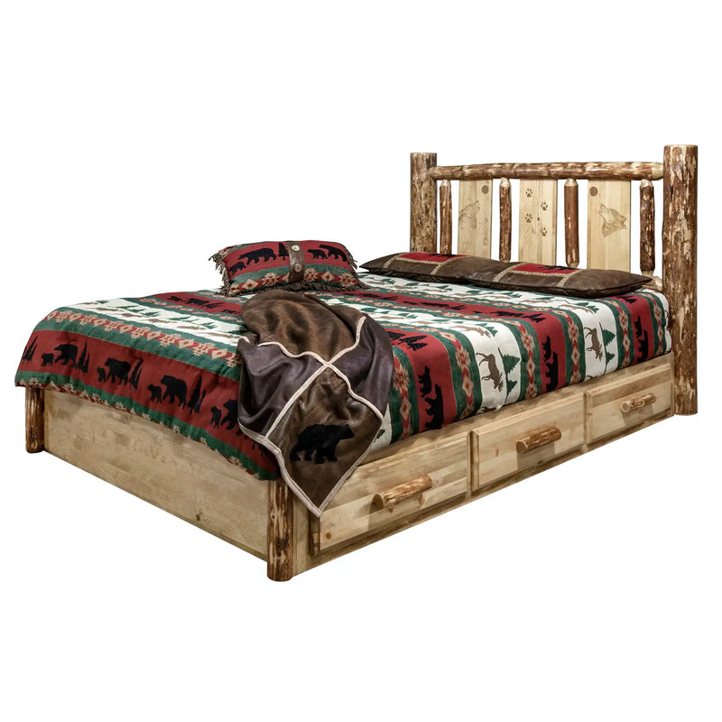 Glacier Country Collection Platform Bed w/ Storage, Laser Engraved Wolf Design