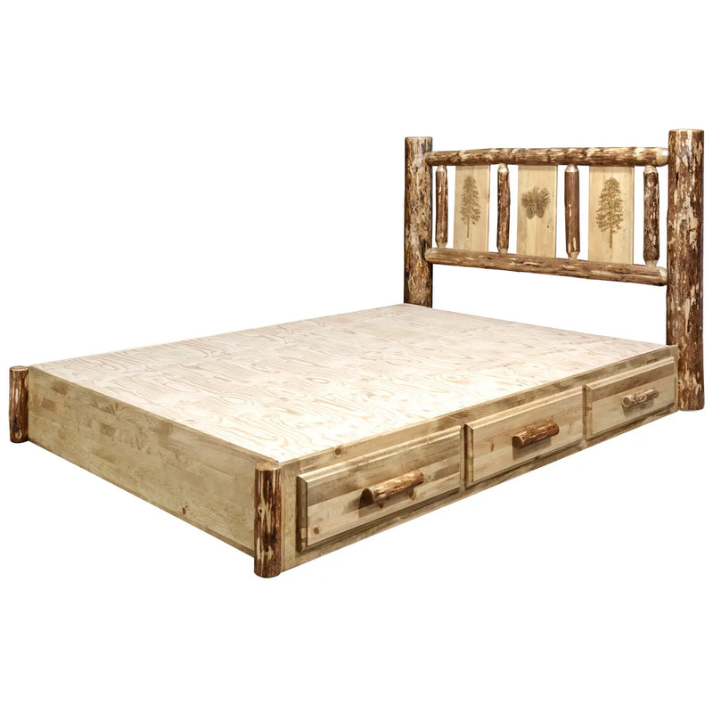 Glacier Country Collection Platform Bed w/ Storage, Laser Engraved Pine Design