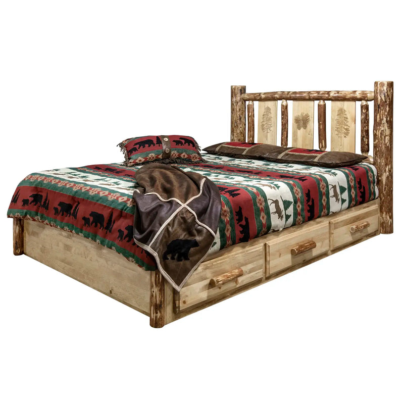 Glacier Country Collection Platform Bed w/ Storage, Laser Engraved Pine Design