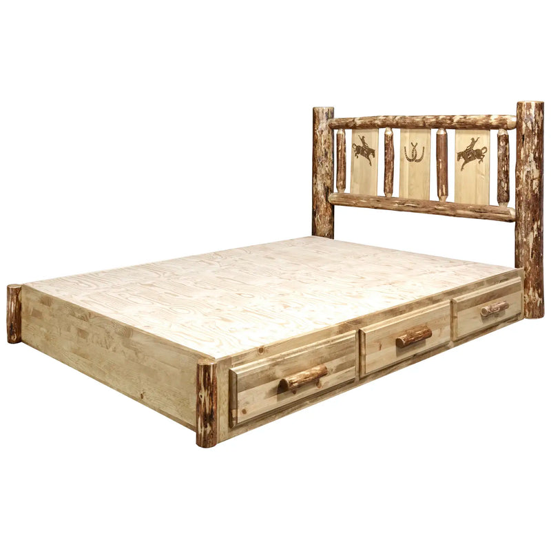 Glacier Country Collection Platform Bed w/ Storage, Laser Engraved Bronco Design