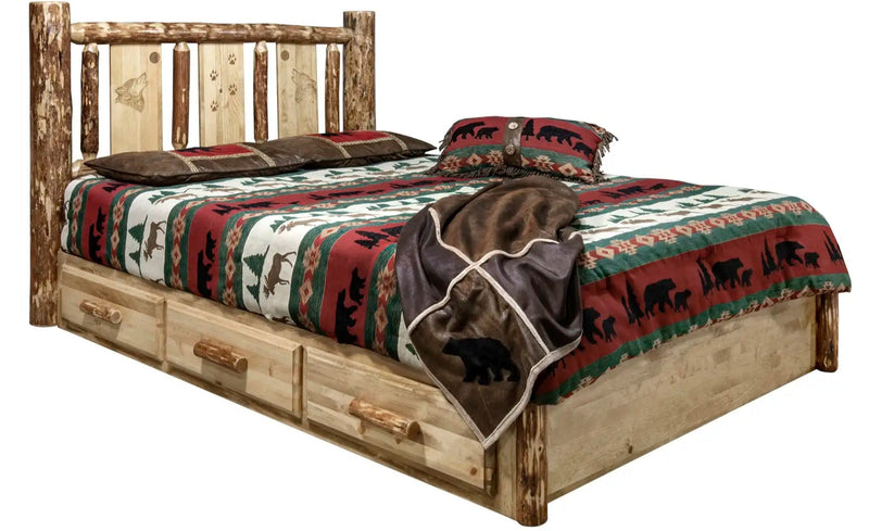 Glacier Country Collection Platform Bed w/ Storage, Laser Engraved Wolf Design