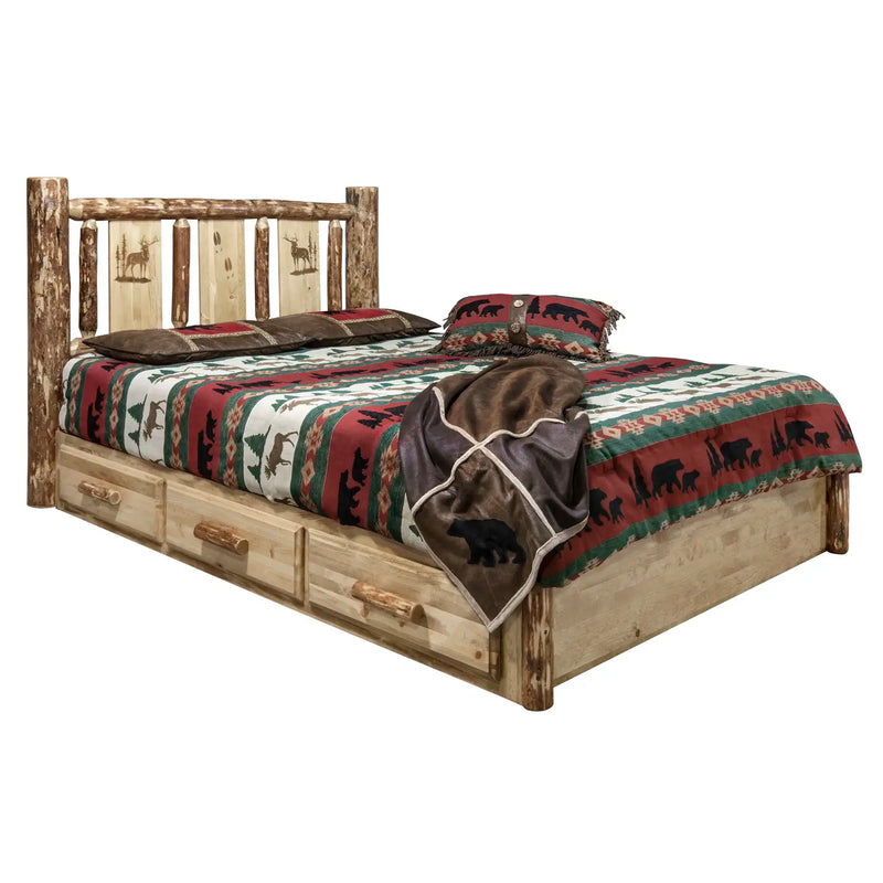 Glacier Country Collection Platform Bed w/ Storage, Laser Engraved Elk Design