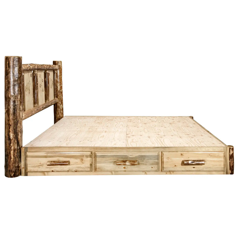 Glacier Country Collection Platform Bed w/ Storage, Laser Engraved Wolf Design